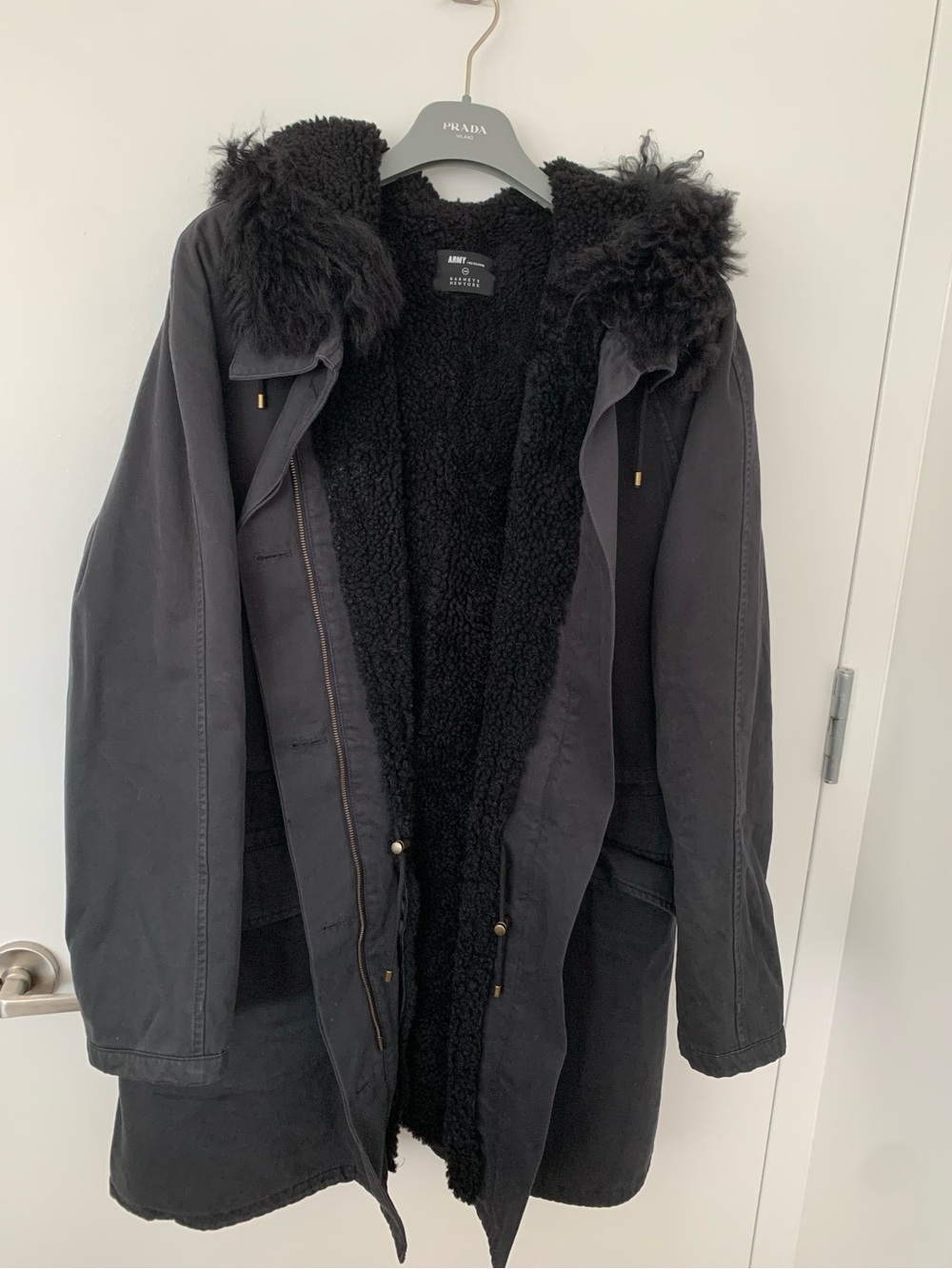 Yves Salomon Army lamb shearling lined navy fur parka with hood
